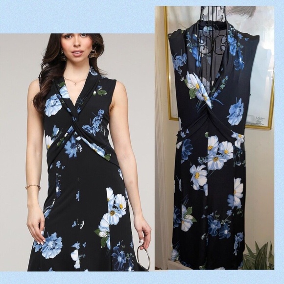 LBISSE FLORAL "TWIST-ACCENT" V-NECK DRESS~BLACK, BLUE, WHITE~SLEEVELESS~LARGE - Picture 6 of 6